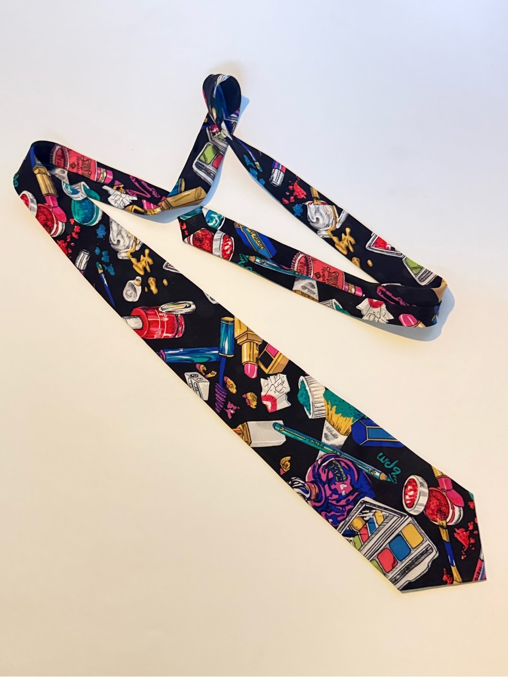 Vintage Silk Black Printed Tie with Multicolor Makeup Pattern